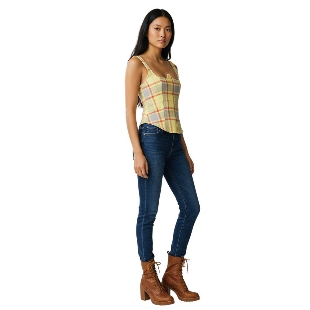 WEWOREWHAT Boned Corset Tank‎ Zip Back Plaid 100% Cotton Size Small Fixed Straps